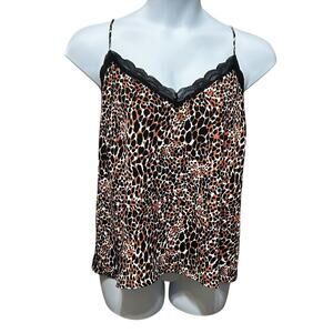 Y2K Scoop Women Leopard Cropped‎ Cami Top XL Lace Trim Night Club Coquette Layer